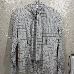 JH Collectibles White Long Sleeve Tie Neckline Windowpane Check Blouse Petite 2